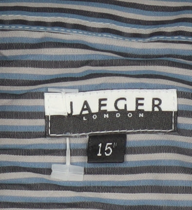 Brand and care label for Jaeger London Men's Blue Striped Shirt 15 Long Sleeve Button-Up