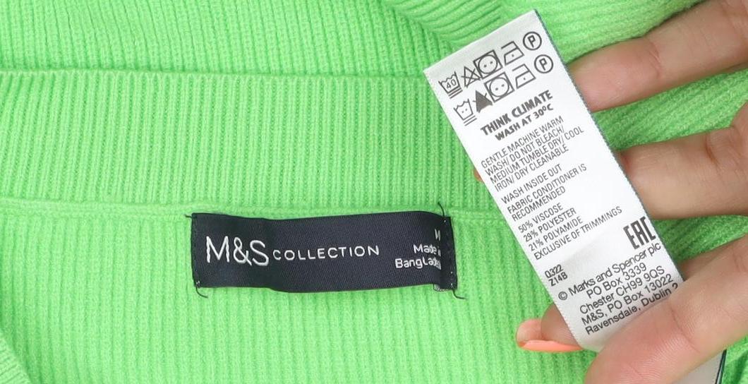 Marks and Spencer Women Green M V-Neck Ribbed Knit Long Sleeve Jumper