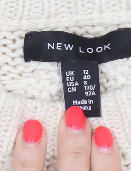 New Look Women Ivory UK 12 Cable-Knit Crew Neck Acrylic Pullover Jumper