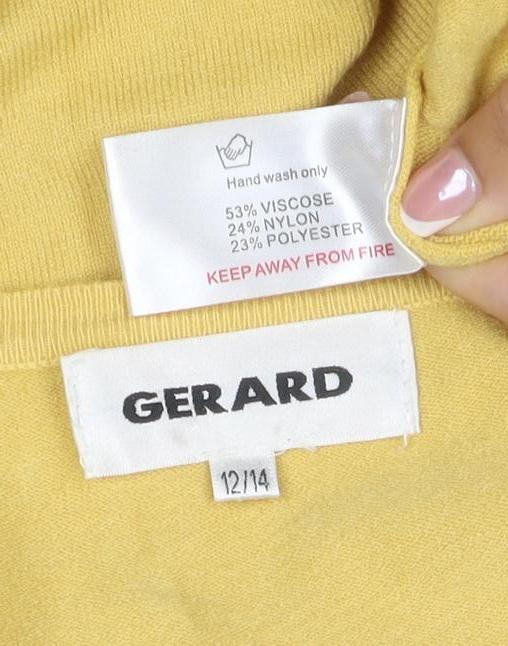 Brand and care label for Gerard Women’s Yellow Rhinestone Knit Cardigan, size UK 12/14
