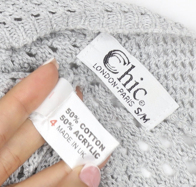 Brand and care label for Chic Women Grey S Open Knit Short Sleeve Boho Tie Cardigan