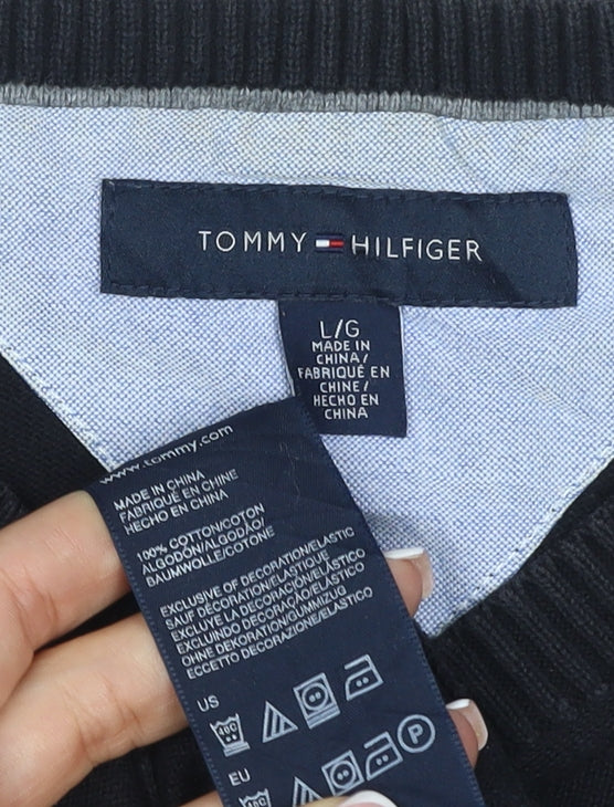 Tommy Hilfiger Men's Black L V-Neck Cotton Logo Pullover Jumper
