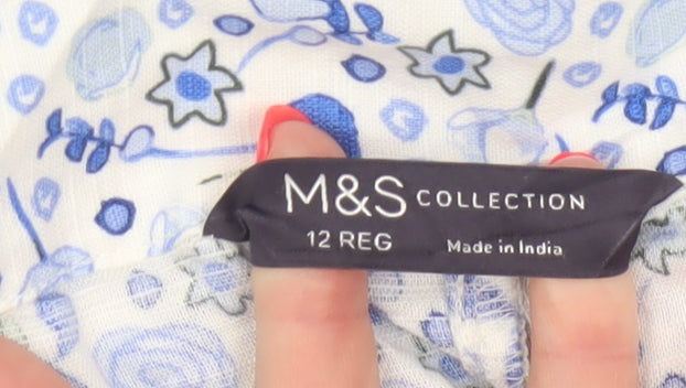 Marks & Spencer Women Blue Floral Cotton Midi A-Line Button Skirt UK 12