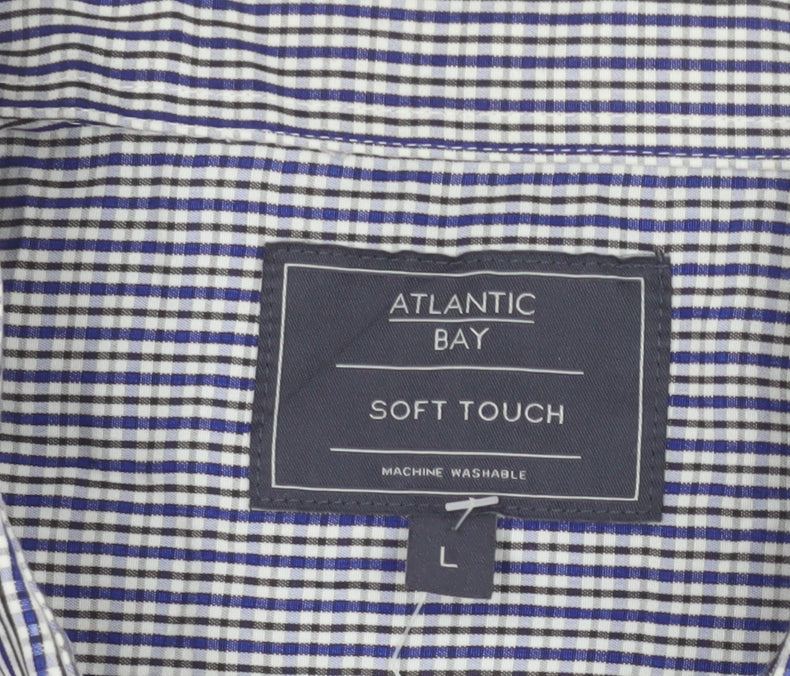 Additional view of Atlantic Bay Men's Blue Check Button Down Shirt L Long Sleeve Polyester