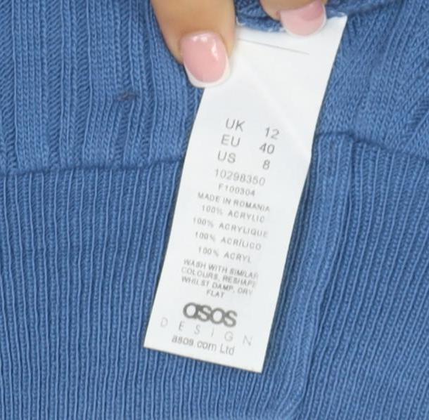 Brand and care label for ASOS DESIGN Women Blue UK 12 Ribbed High Neck Slim jumper