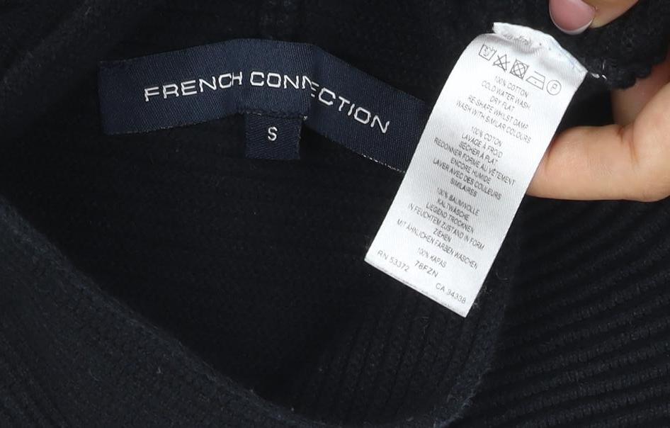 Brand and care label for French Connection Women’s Black S Rib Knit Open High Neck Cardigan