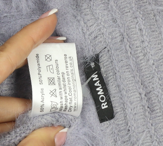 Brand and care label for Roman Women Purple, size 16, Soft Fluffy Open Knit Cardigan