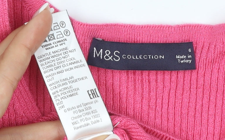 Marks & Spencer Women Pink Size 6 V-Neck Rib Knit Puff Sleeve Jumper