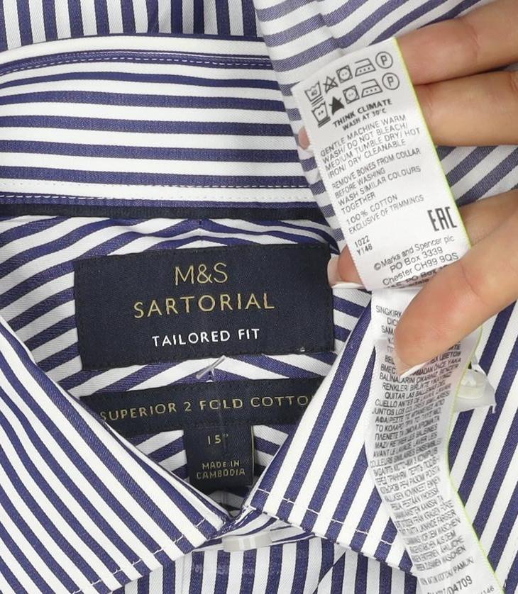 Marks & Spencer Sartorial Men Blue Stripe Slim Fit Cotton Shirt 15 Long Sleeve
