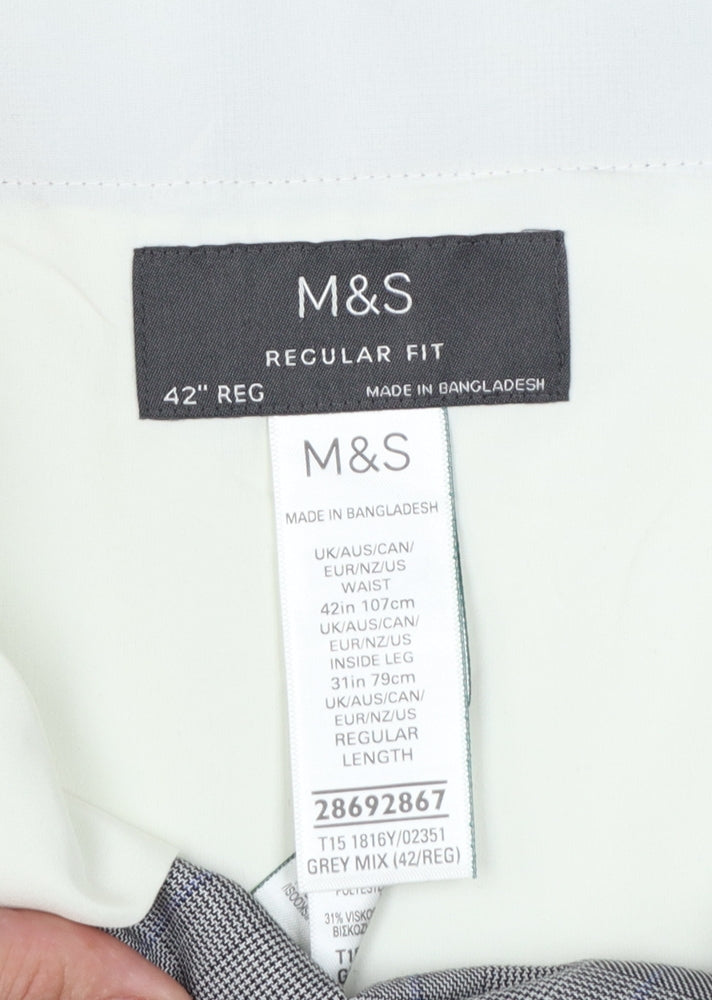 Marks & Spencer Men's Grey 42 Regular Fit Check Dress Trousers