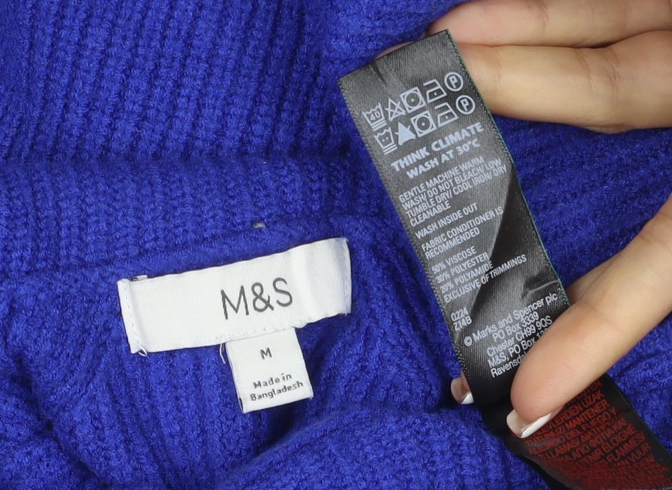 Marks & Spencer Womens Blue M Roll Neck Cable Knit Raglan Jumper