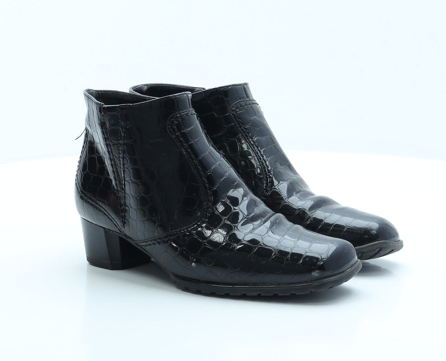 Preworn Womens Black Animal Print Vinyl Bootie Boot UK 4