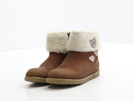 George Girls Brown Polyester Shearling Style Boot UK 6 23 - Heart Detail