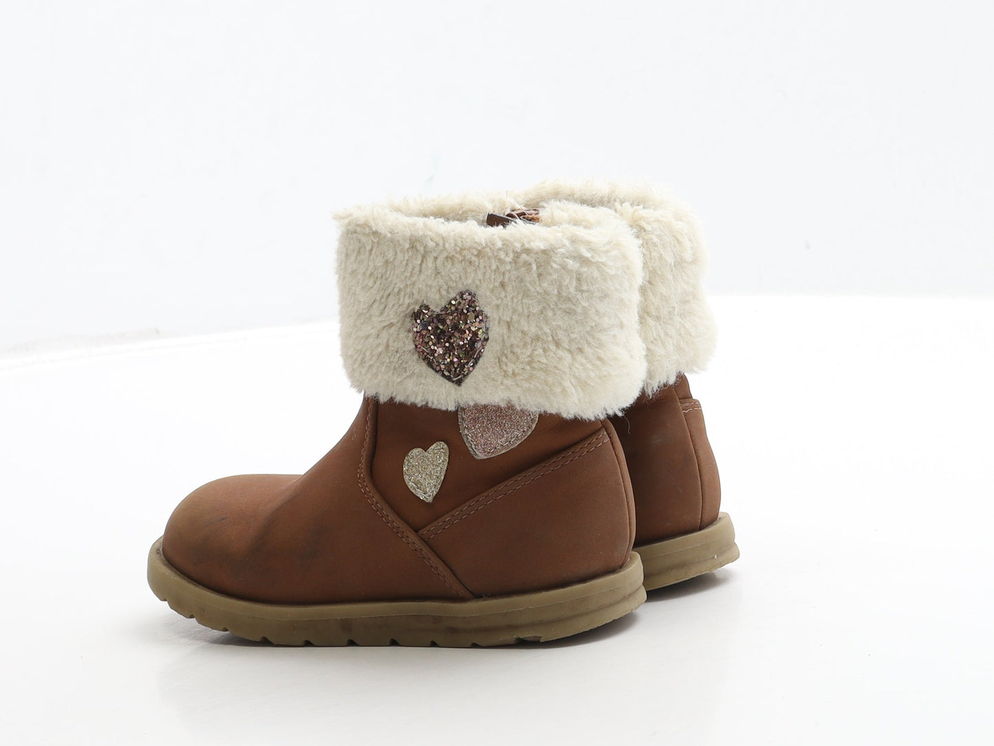 George Girls Brown Polyester Shearling Style Boot UK 6 23 - Heart Detail