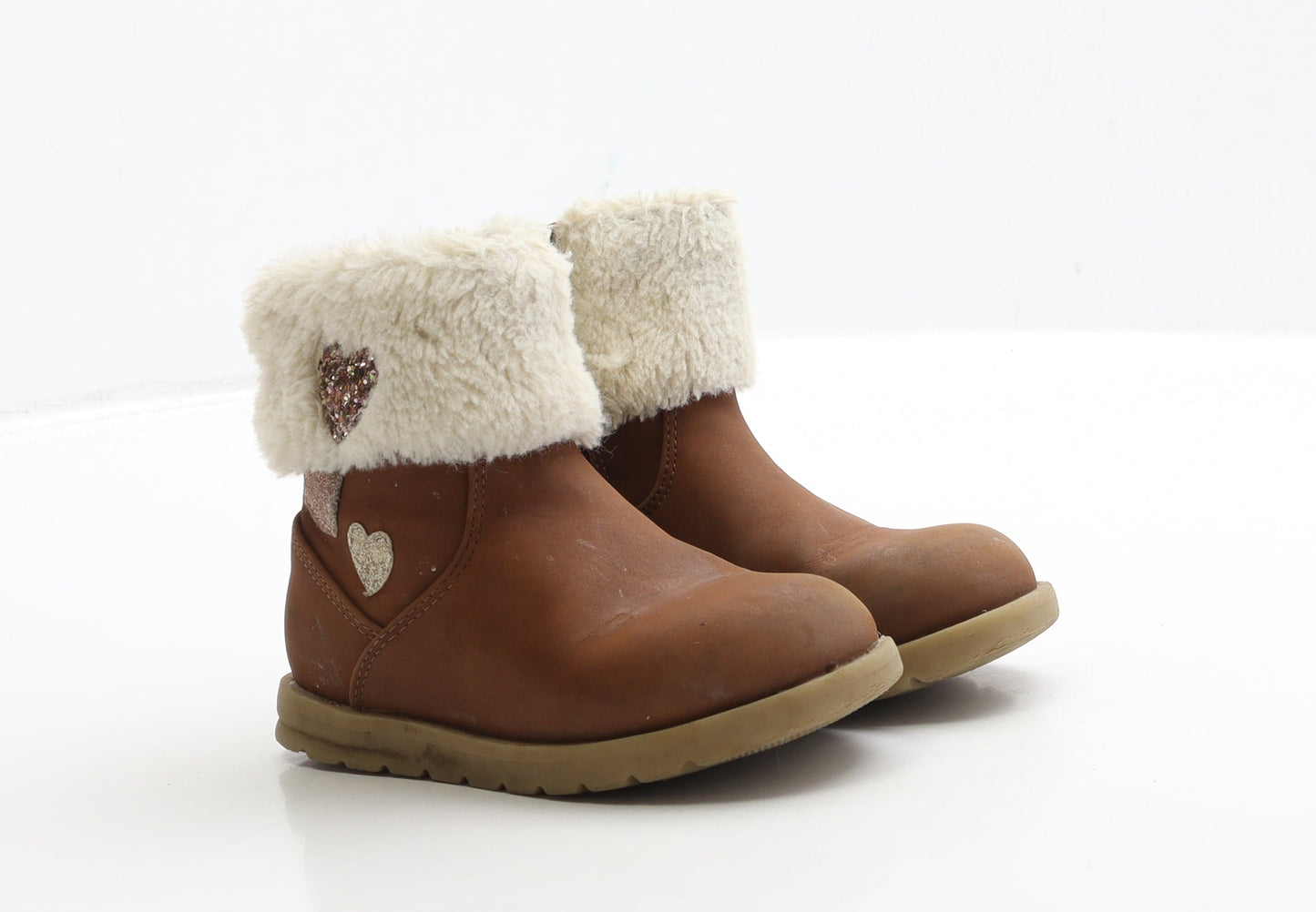 George Girls Brown Polyester Shearling Style Boot UK 6 23 - Heart Detail