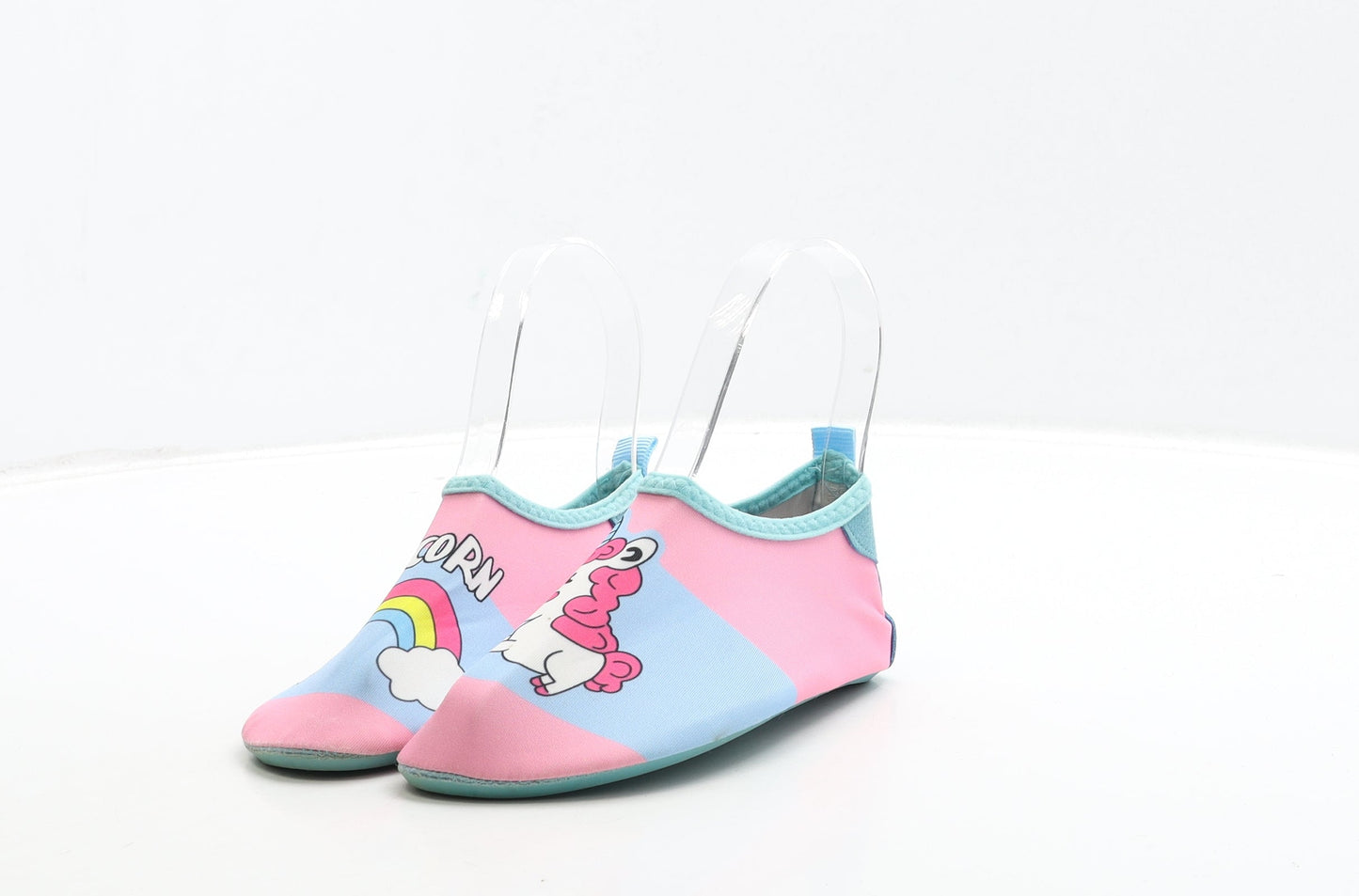 Preworn Girls Multicoloured Polyester Slip On Flat UK 12 30 - Unicorn & Rainbow Detail. Aqua Shoes