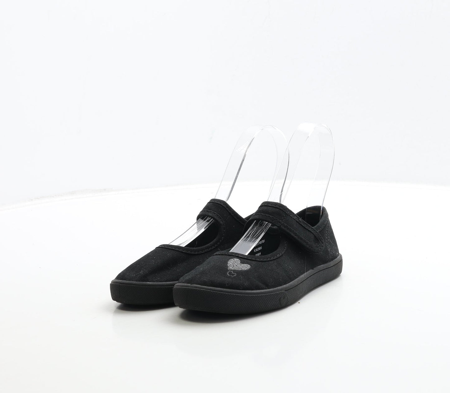 George Girls Black Fabric Mary Jane Flat UK 10 28 - Heart Detail