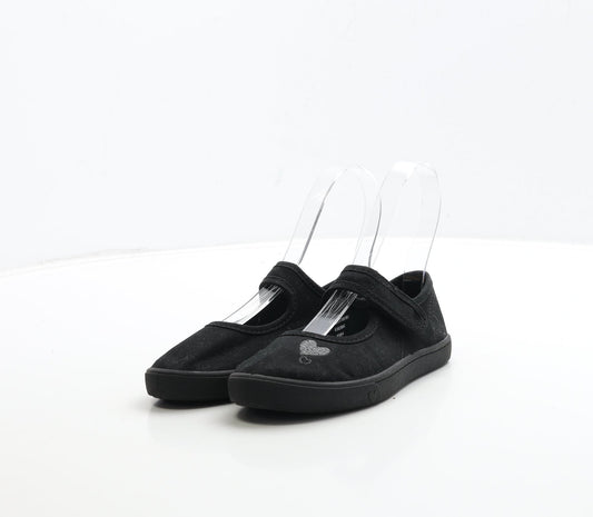 George Girls Black Fabric Mary Jane Flat UK 10 28 - Heart Detail