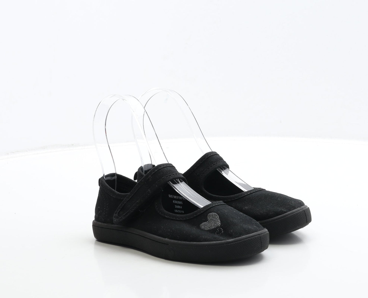 George Girls Black Fabric Mary Jane Flat UK 10 28 - Heart Detail