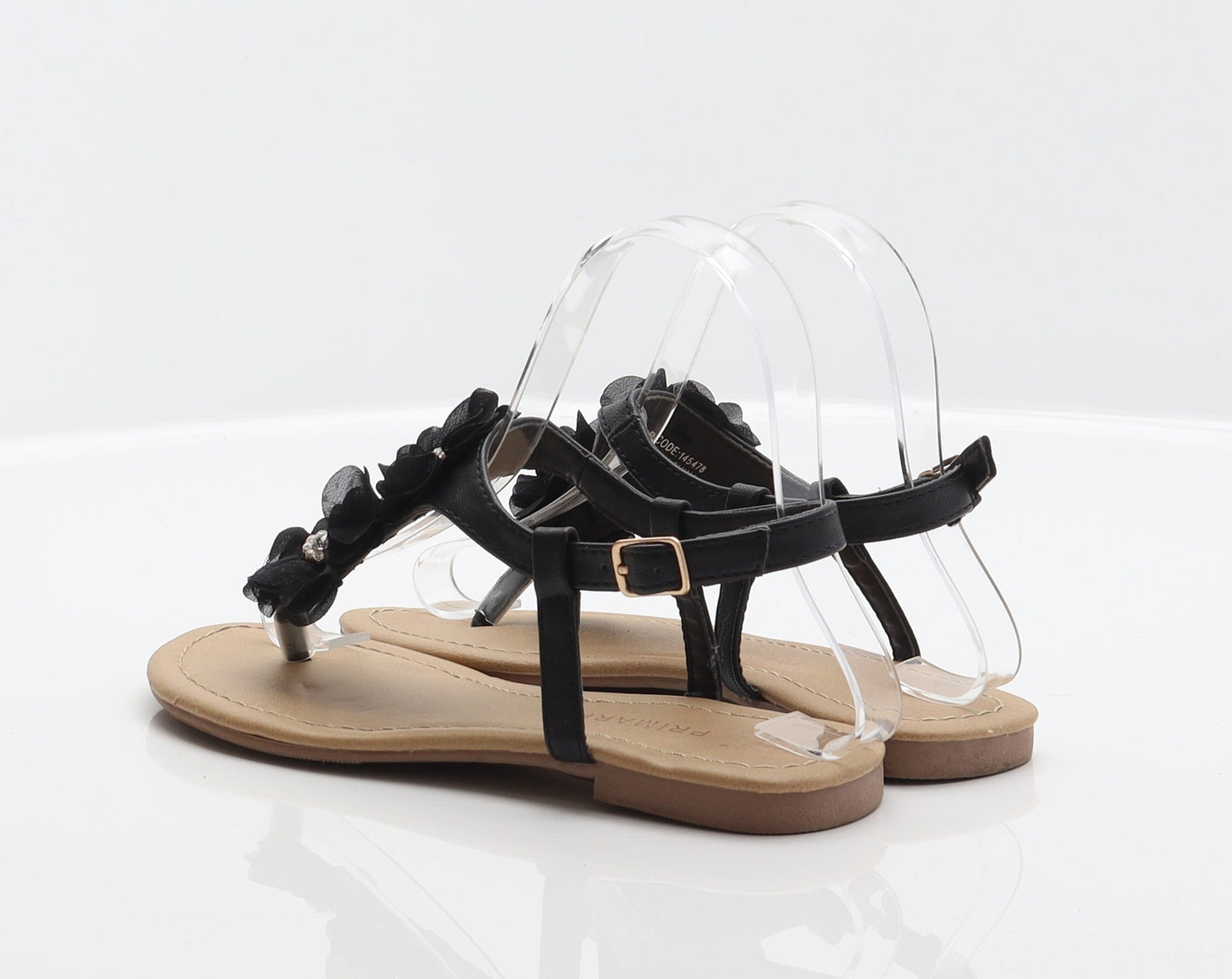 Primark Womens Black Synthetic Thong Sandal UK 2 35 - Flower detail