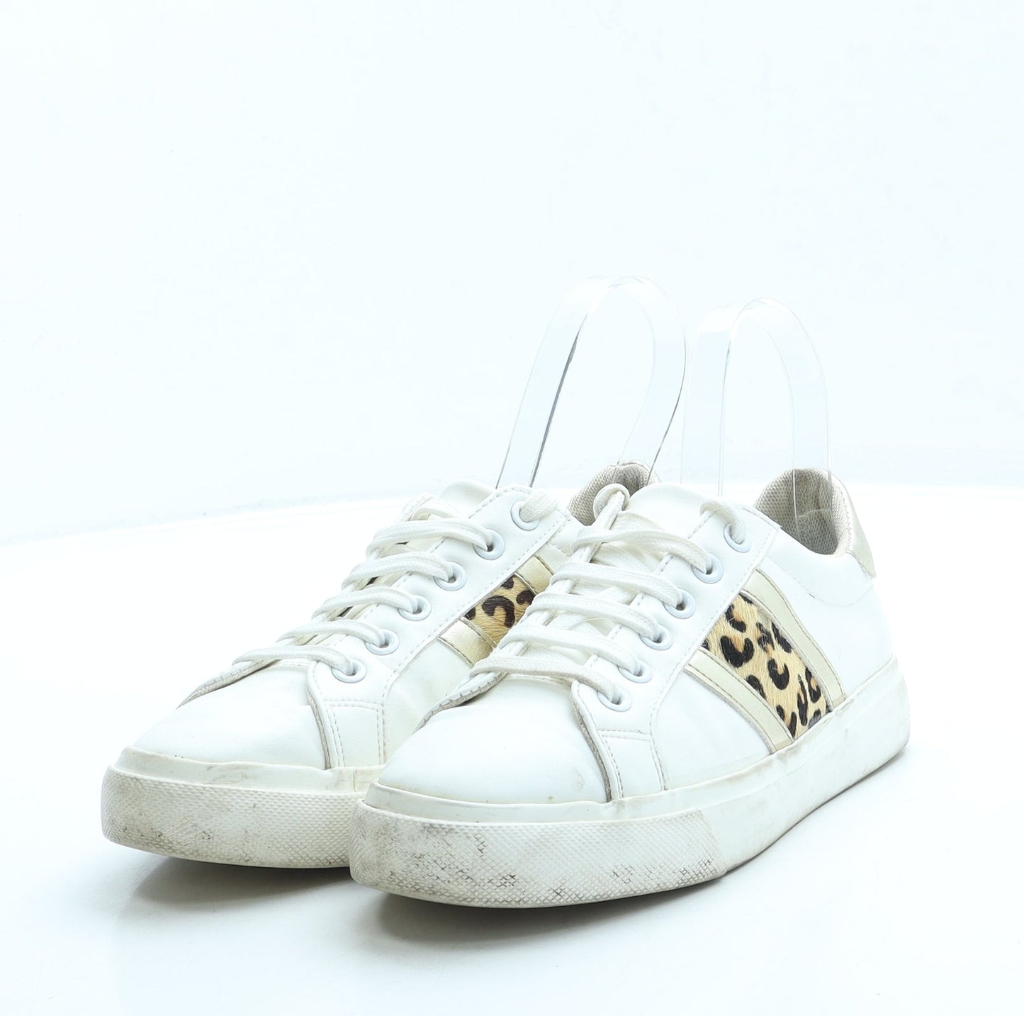 George Womens White Animal Print Leather Trainer UK 3 36 - Leopard Print