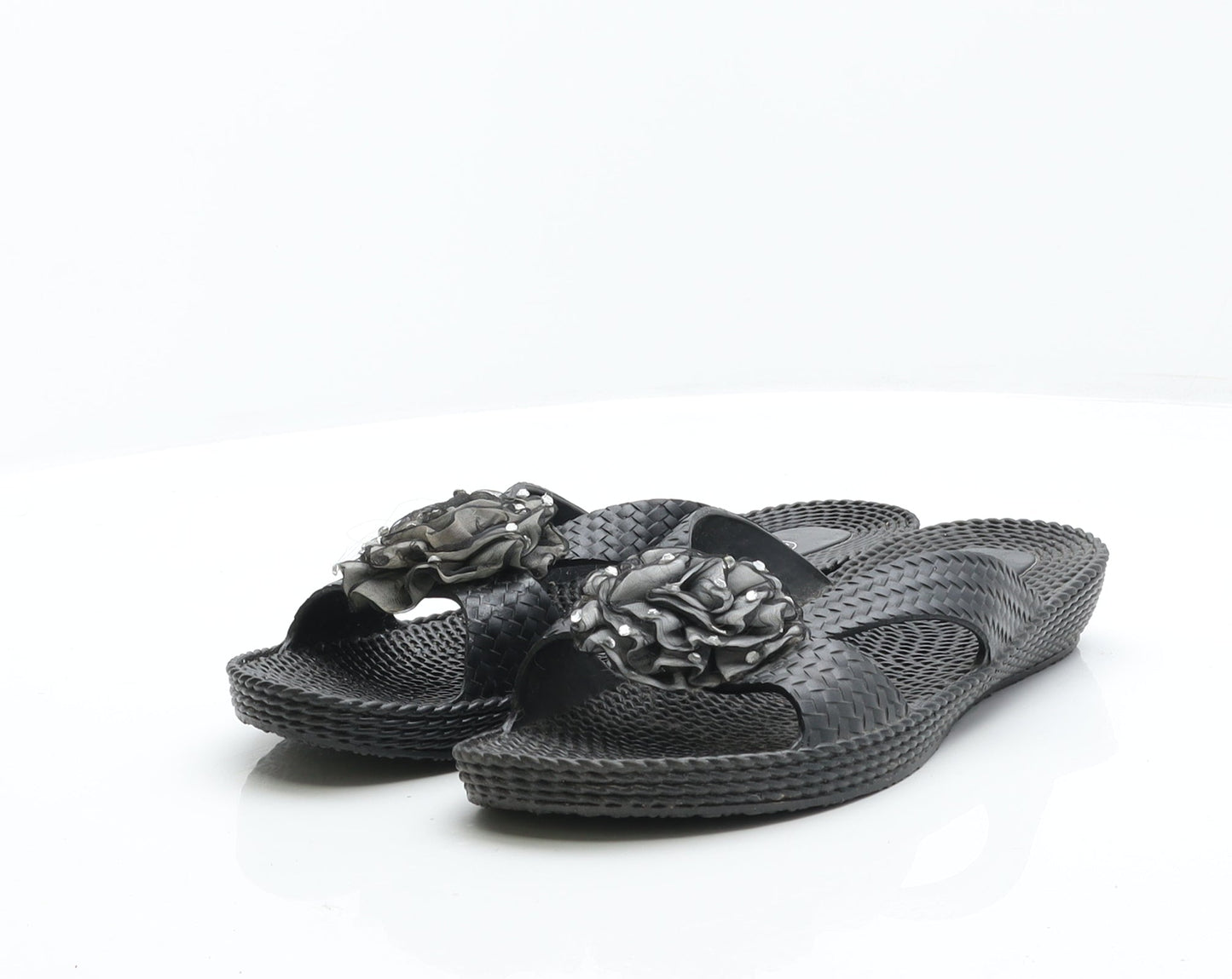 Preworn Womens Black Synthetic Flat Sandal UK 8 41 - Flower Detail