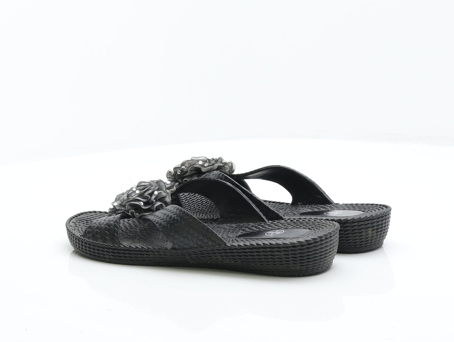 Preworn Womens Black Synthetic Flat Sandal UK 8 41 - Flower Detail