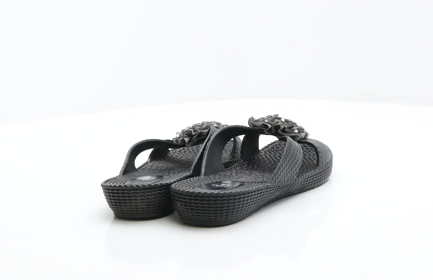 Preworn Womens Black Synthetic Flat Sandal UK 8 41 - Flower Detail