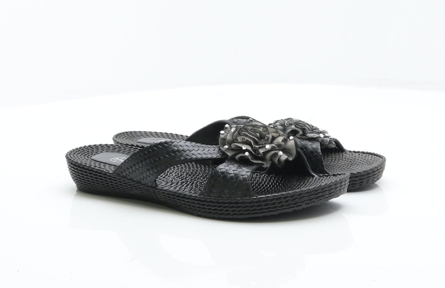 Preworn Womens Black Synthetic Flat Sandal UK 8 41 - Flower Detail