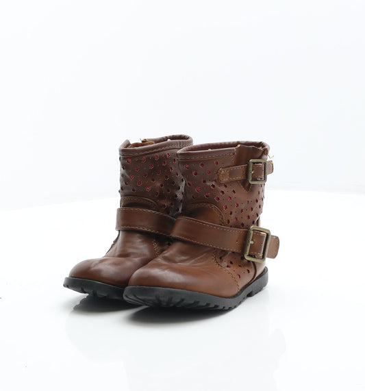 Preworn Girls Brown Geometric Leather Biker Boot UK 7 24
