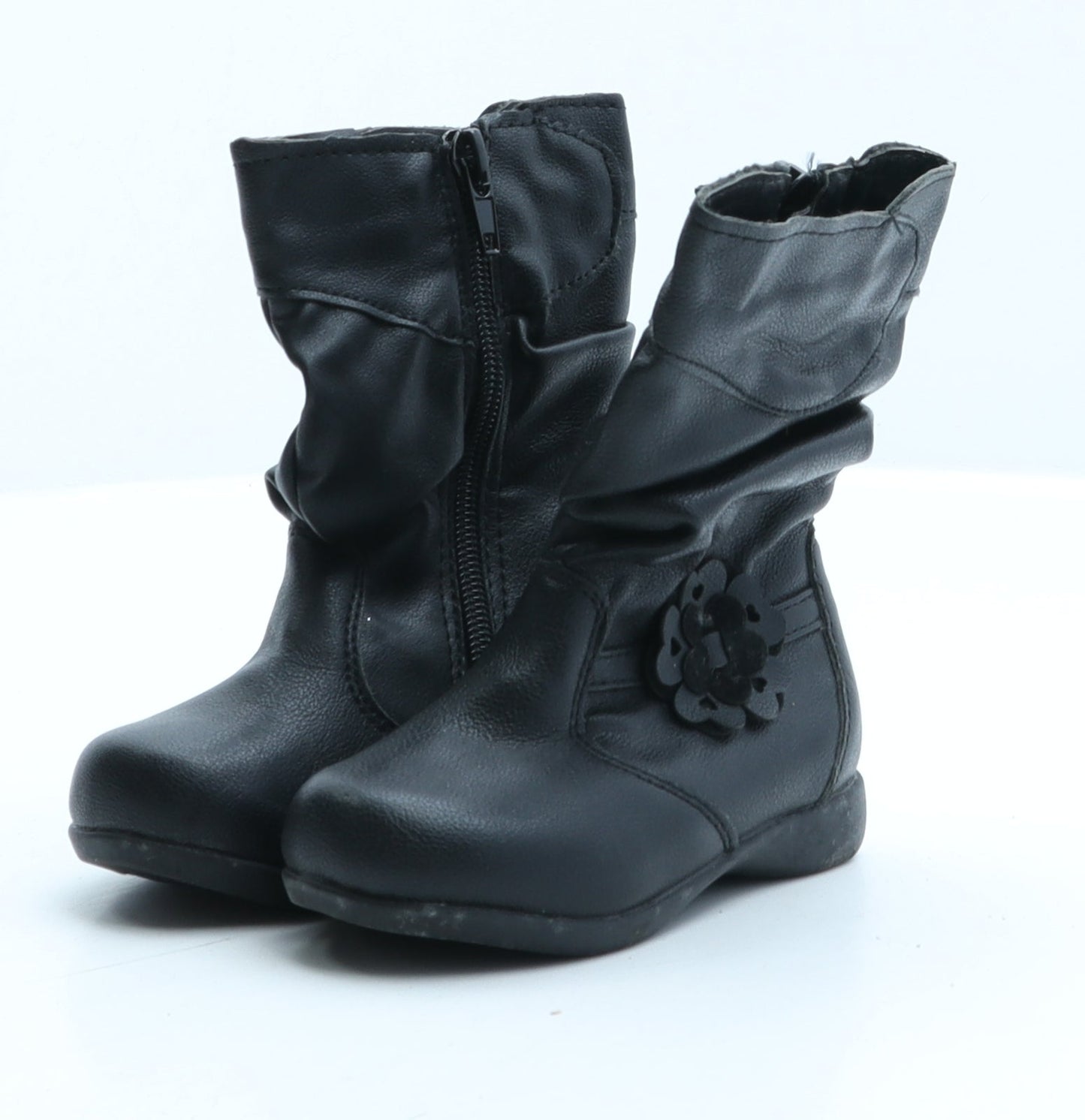 Preworn Girls Black Synthetic Bootie Boot UK 5 - Flower Detail