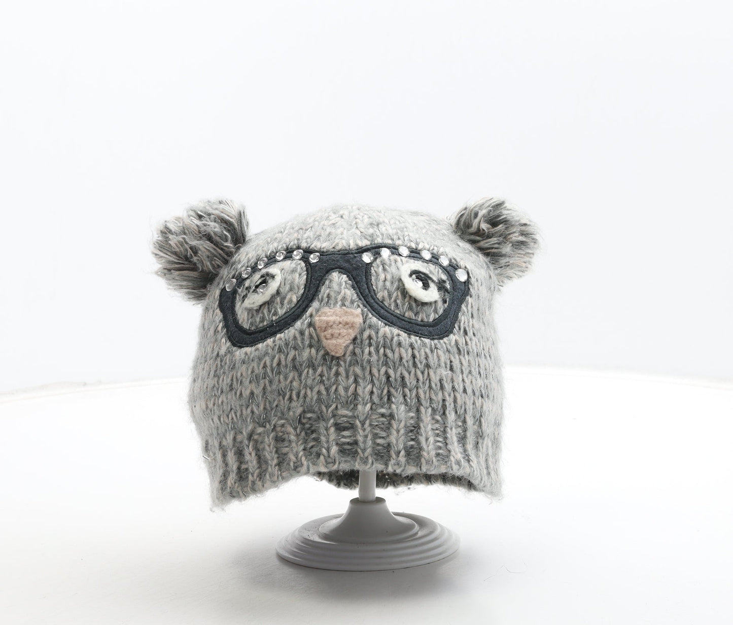 Preworn Girls Grey Acrylic Bobble Hat One Size - Owl Detail
