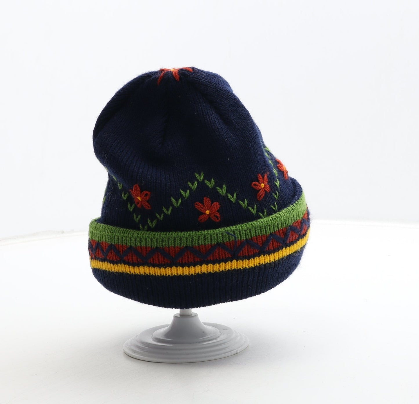 Preworn Girls Blue Floral Acrylic Beanie Size S