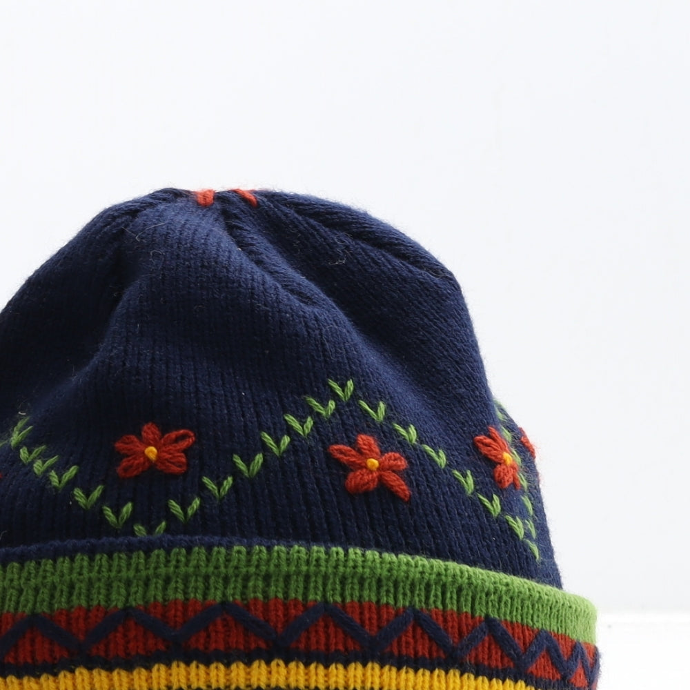 Preworn Girls Blue Floral Acrylic Beanie Size S