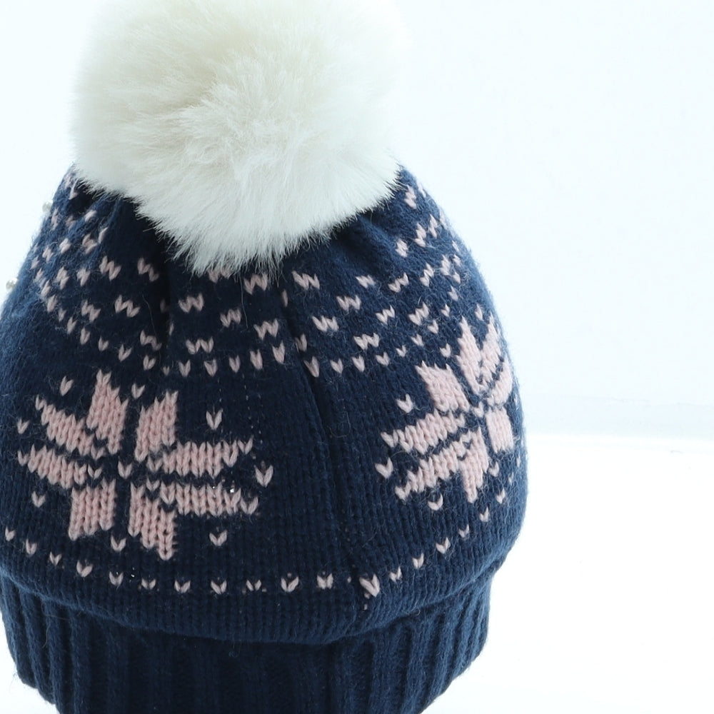 Primark Girls Blue Fair Isle Acrylic Bobble Hat Size M - Pom Pom