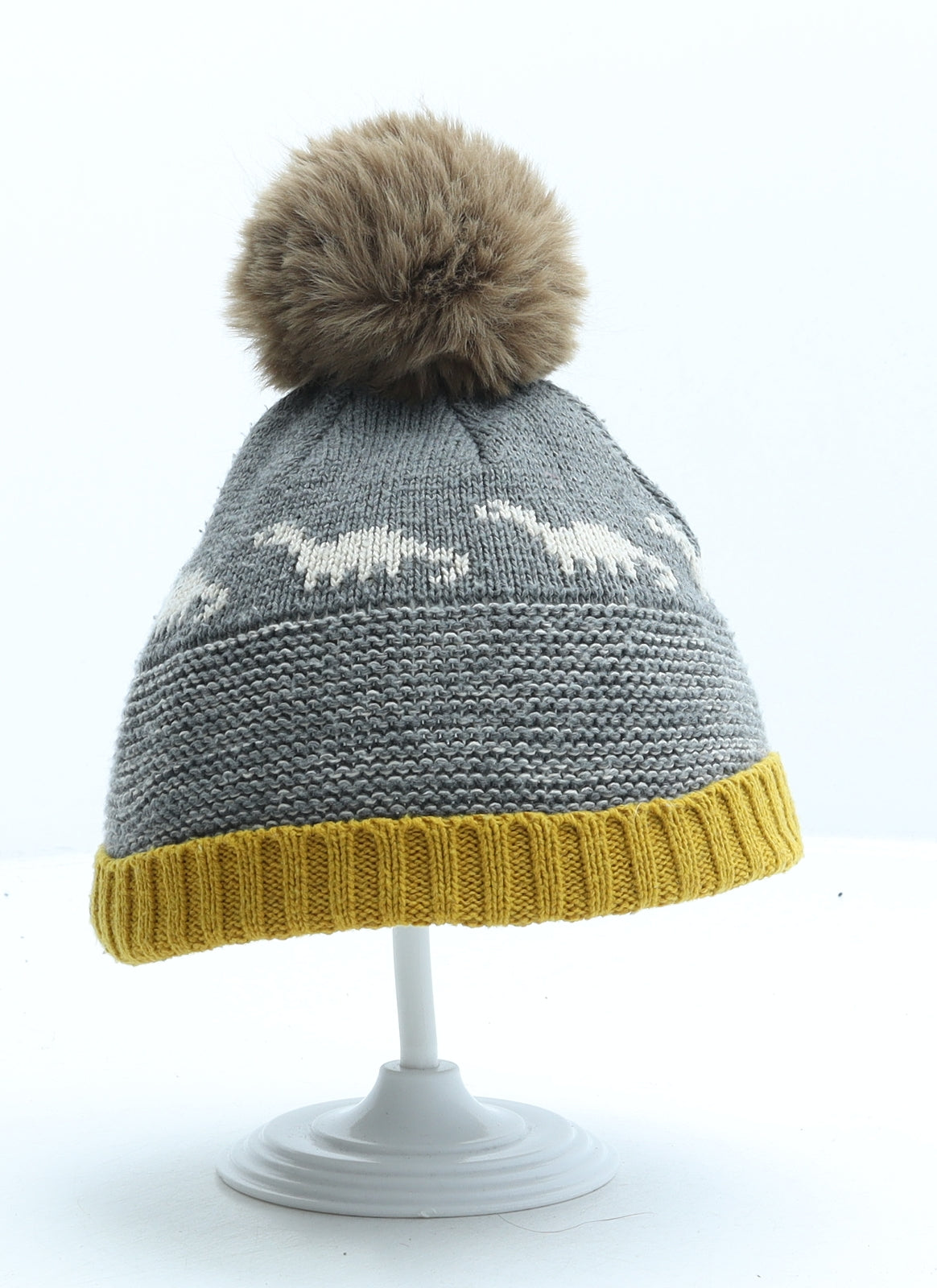 George Boys Grey Geometric Acrylic Bobble Hat One Size - Dinosaur
