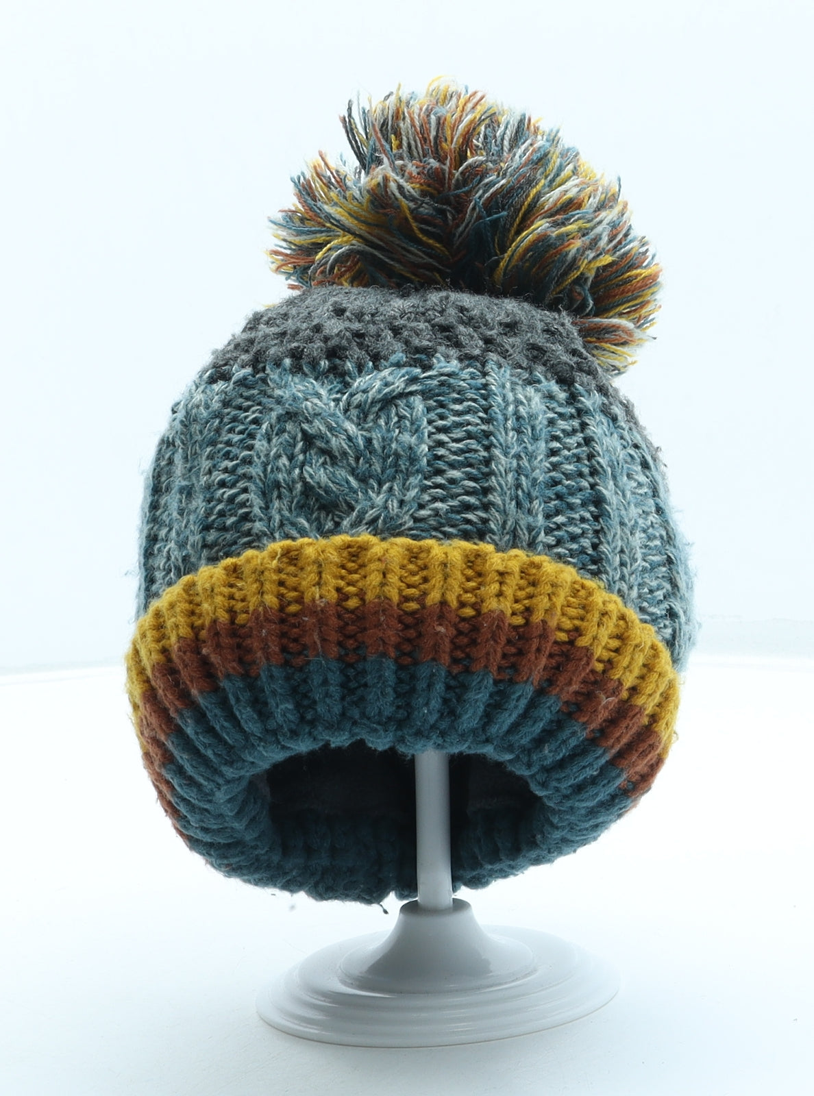 George Boys Green Striped Acrylic Bobble Hat One Size - Pom Pom