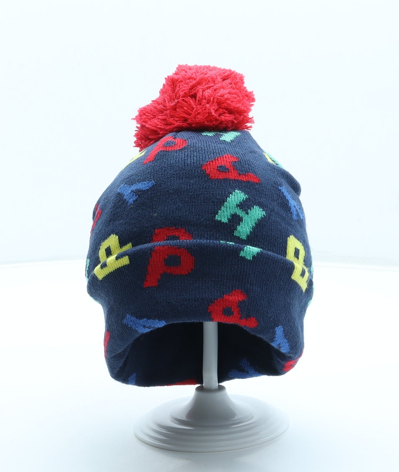 Primark Boys Blue Geometric Acrylic Bobble Hat One Size - Pom Pom