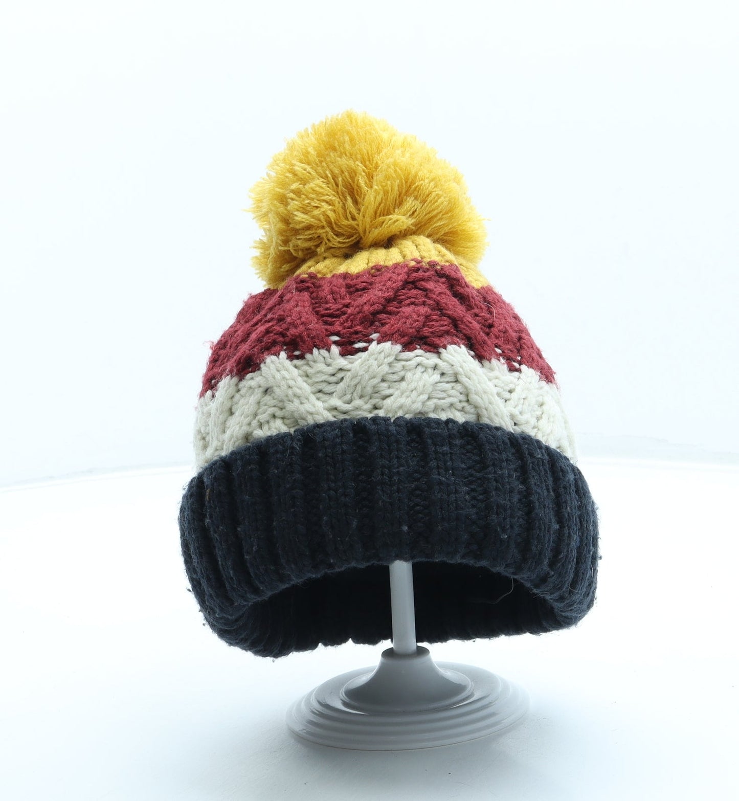 F&F Boys Blue Striped Acrylic Bobble Hat One Size - Pom Pom