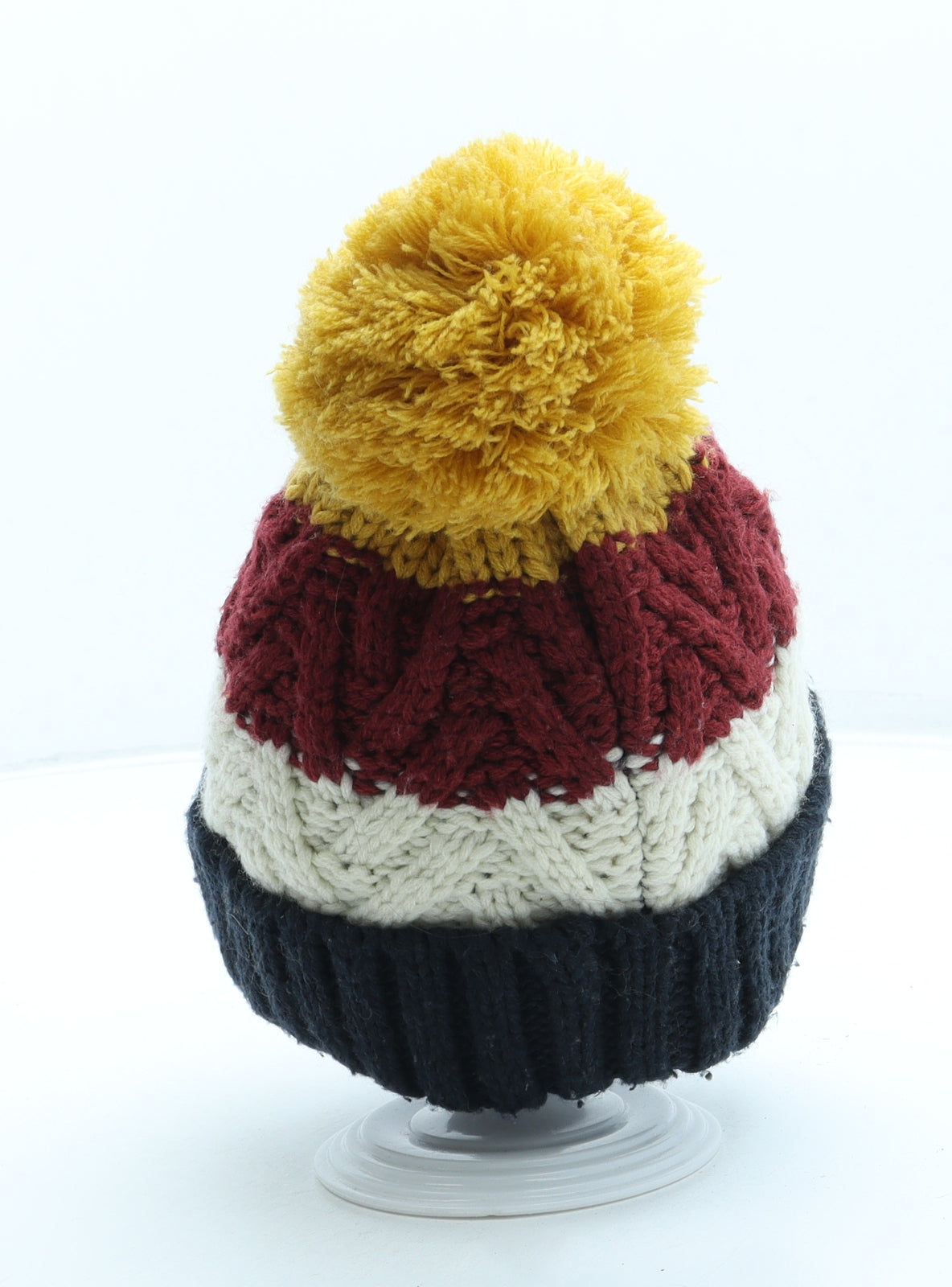 F&F Boys Blue Striped Acrylic Bobble Hat One Size - Pom Pom