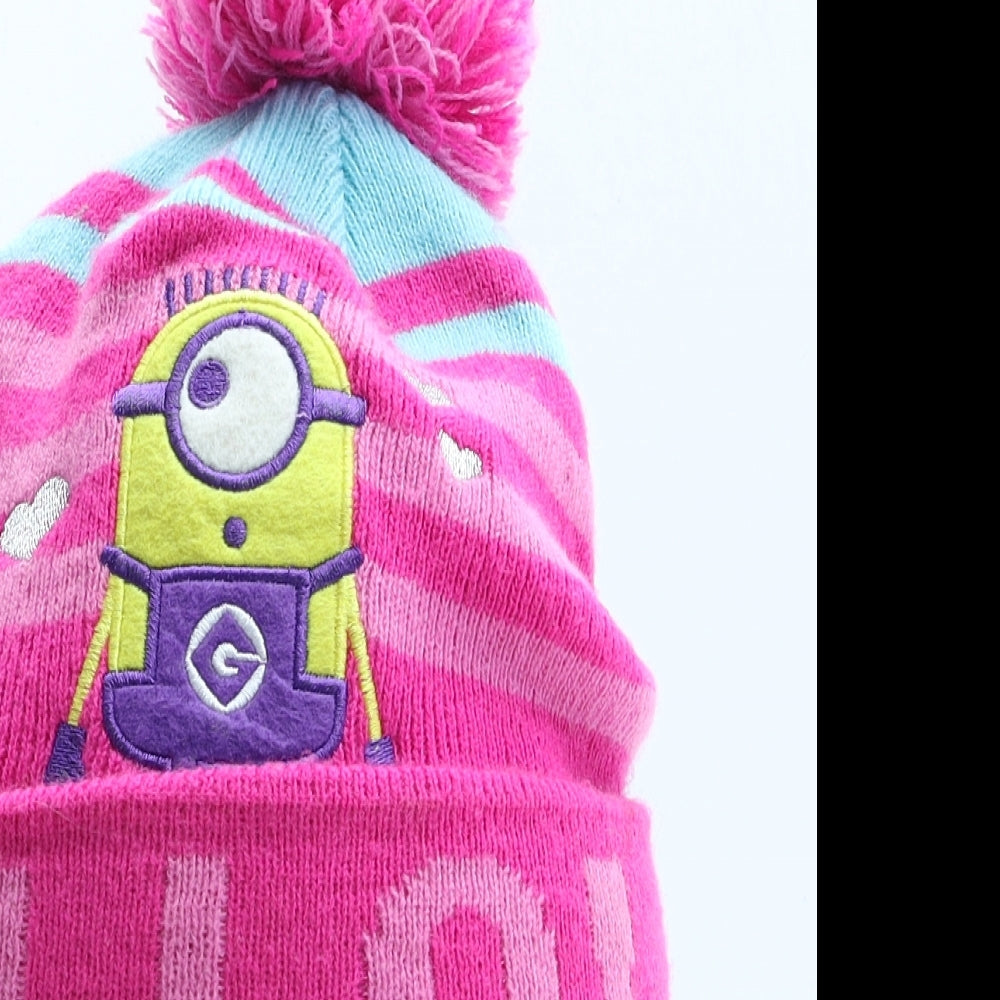 George Girls Pink Striped Acrylic Bobble Hat One Size - Minions