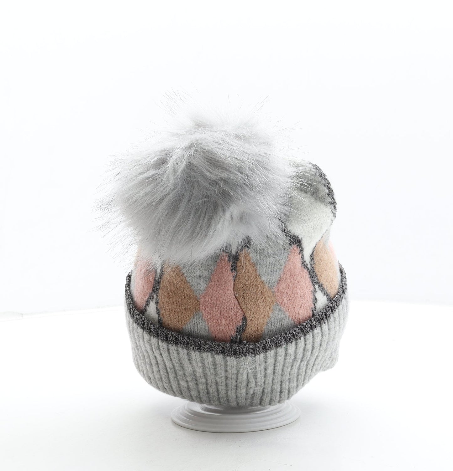 George Womens Grey Argyle/Diamond Acrylic Bobble Hat One Size