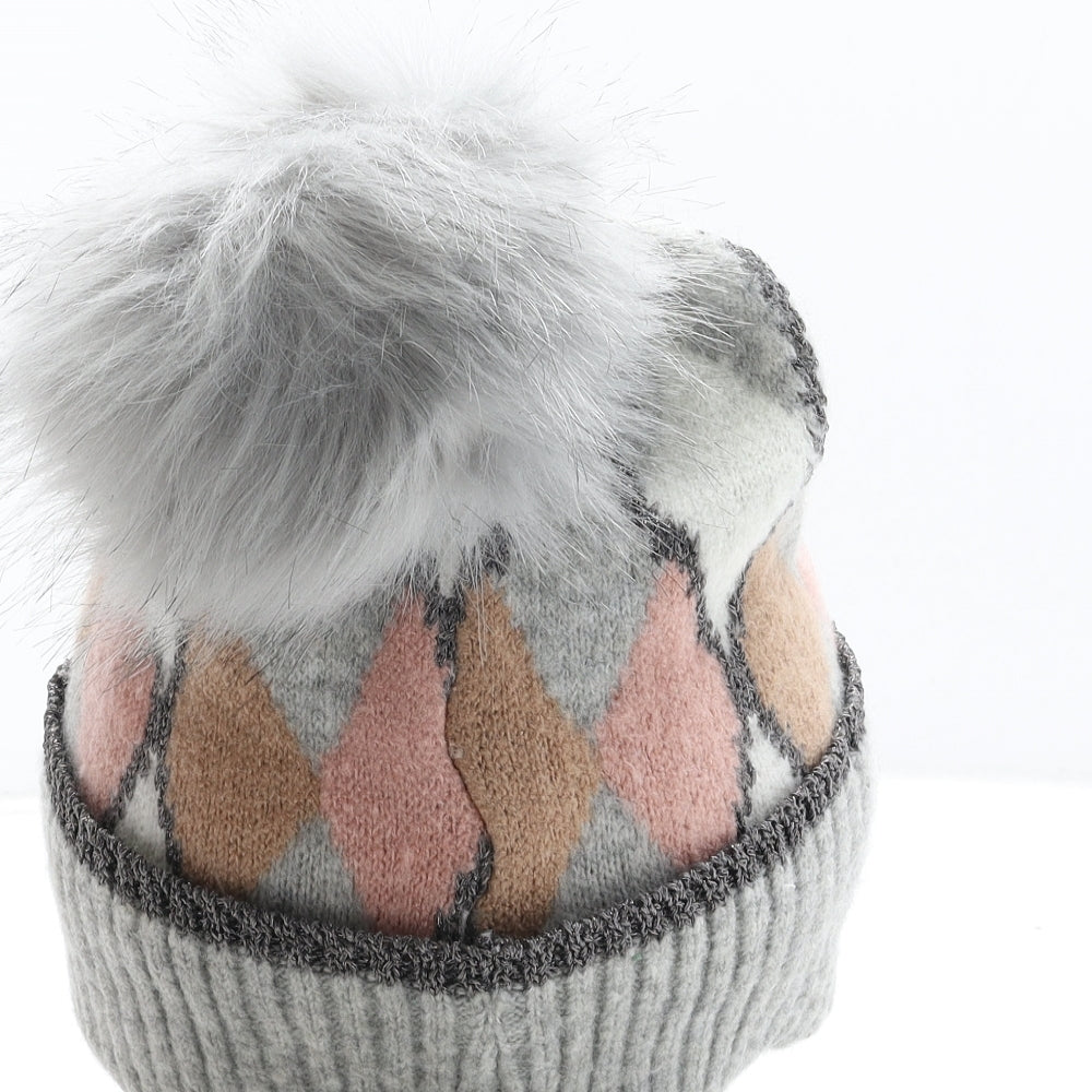George Womens Grey Argyle/Diamond Acrylic Bobble Hat One Size