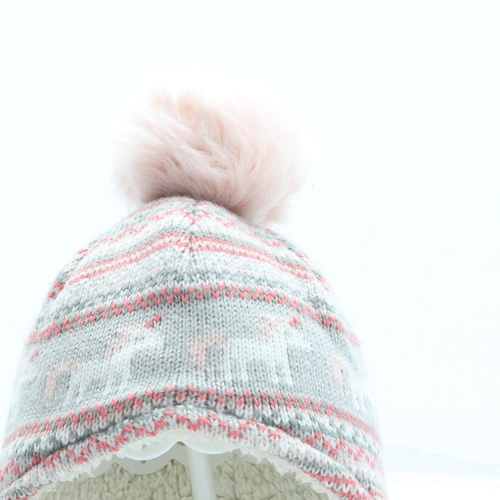 George Girls Grey Fair Isle Acrylic Bonnet One Size - Pom Pom