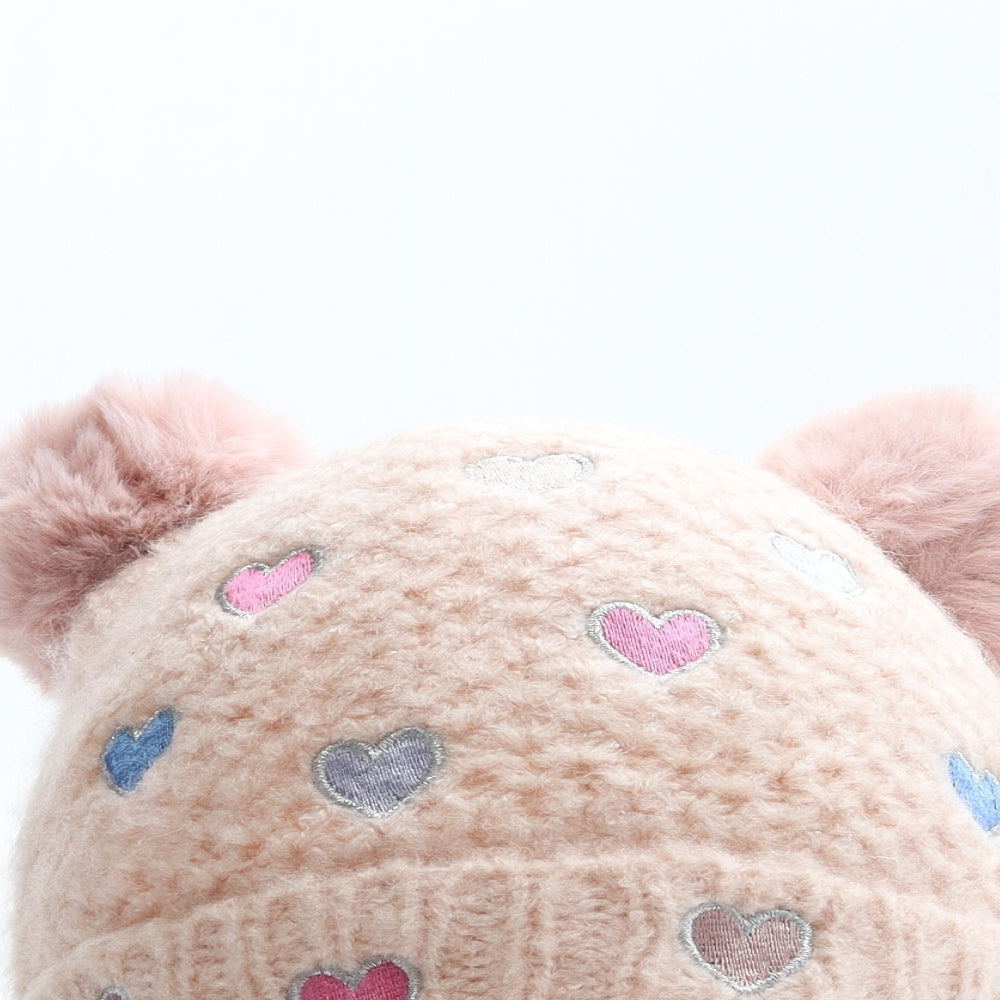 Preworn Girls Pink Acrylic Bobble Hat Size S - Heart Detail