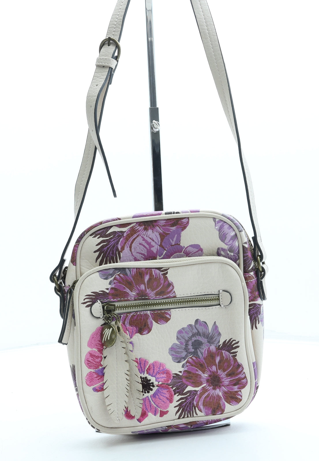 Mantaray Womens Beige Floral Leather Crossbody Size Small