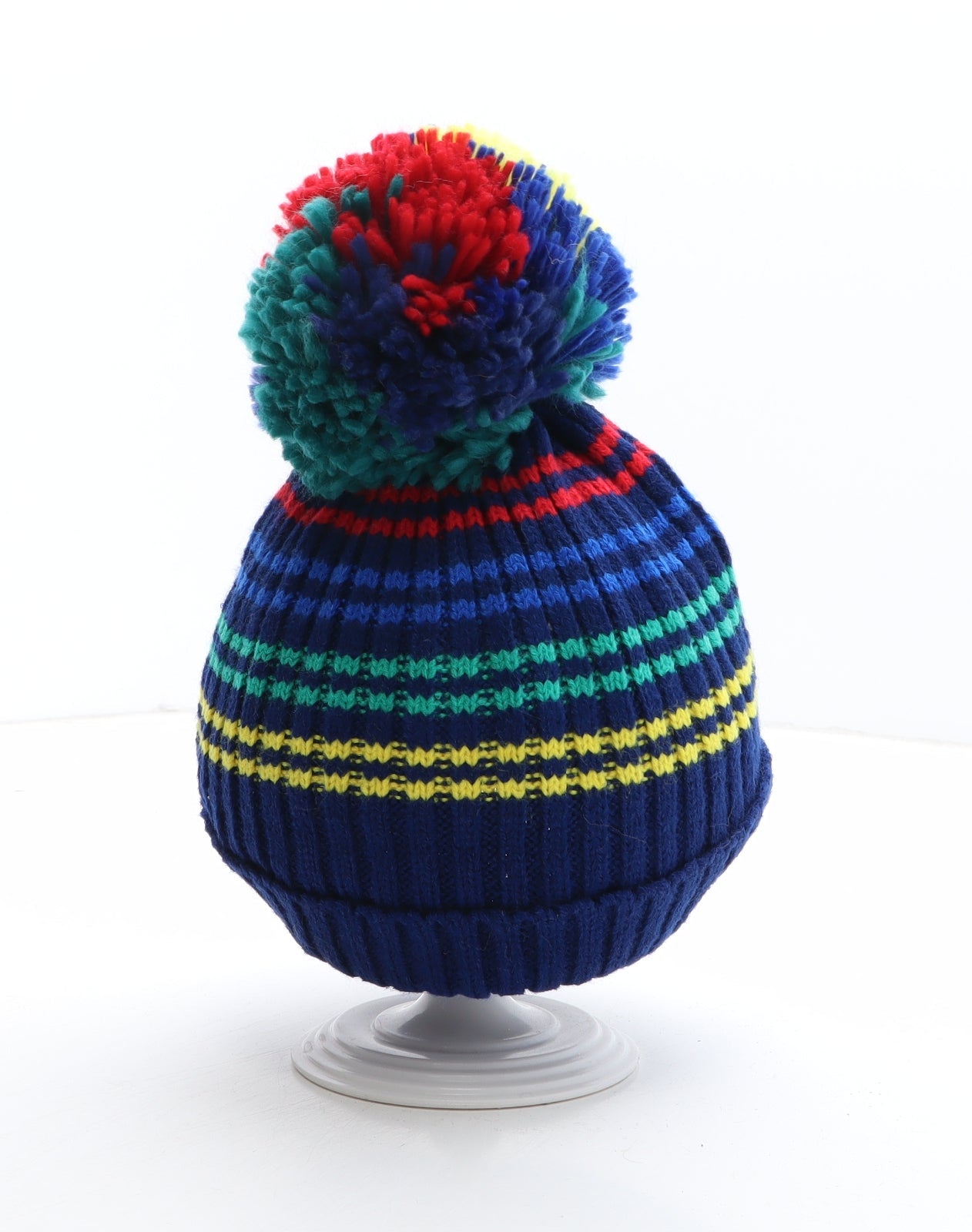 Preworn Boys Blue Striped Acrylic Bobble Hat One Size
