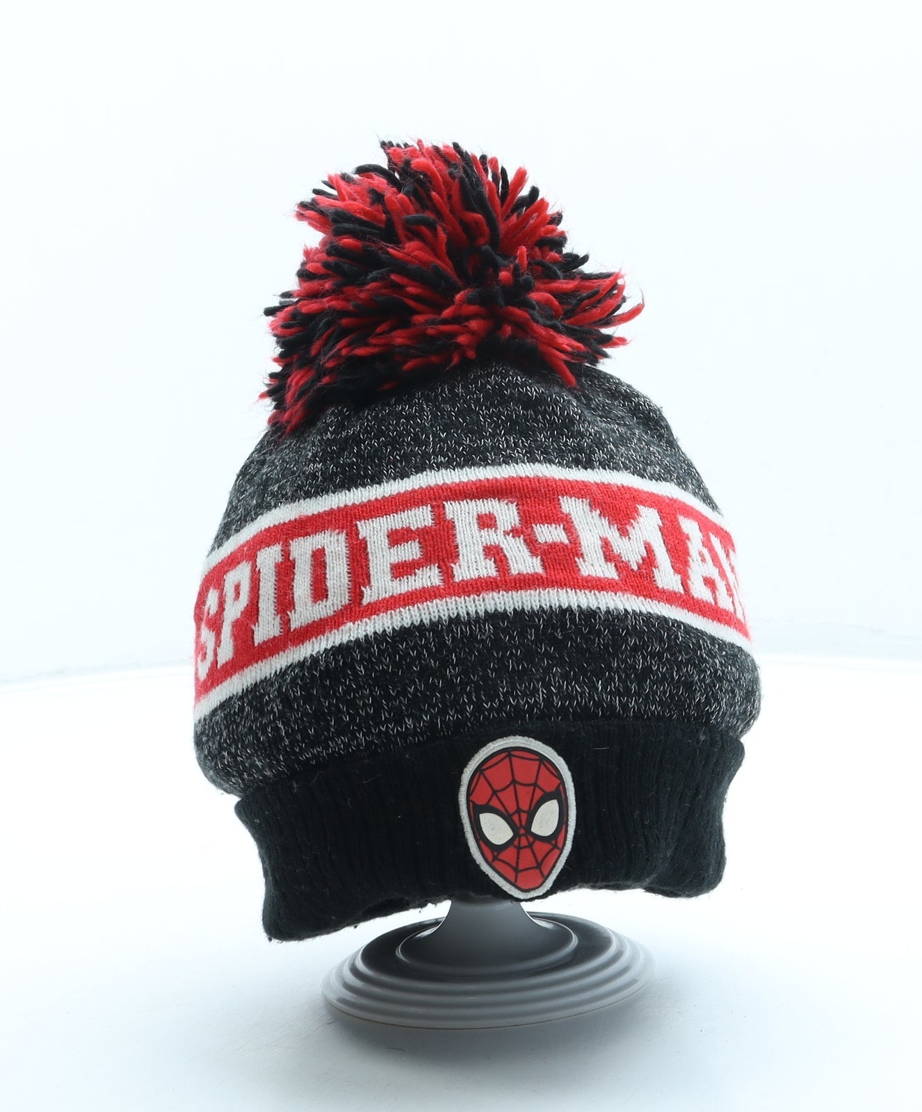 George Boys Black Striped Acrylic Bobble Hat One Size - Spiderman