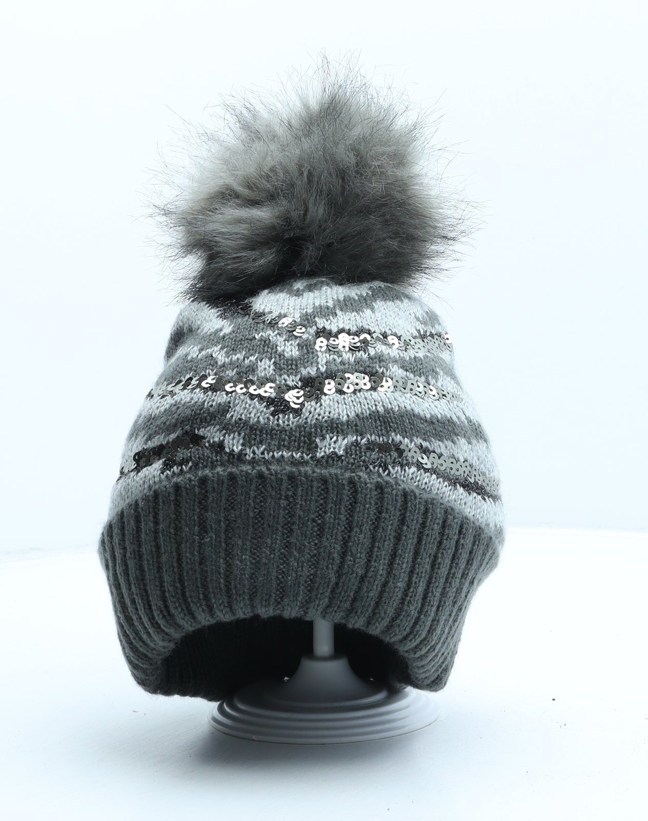 George Girls Grey Animal Print Acrylic Bobble Hat One Size - Zebra