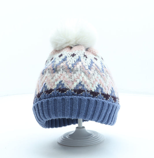 George Girls Blue Geometric Acrylic Bobble Hat One Size - Pom Pom